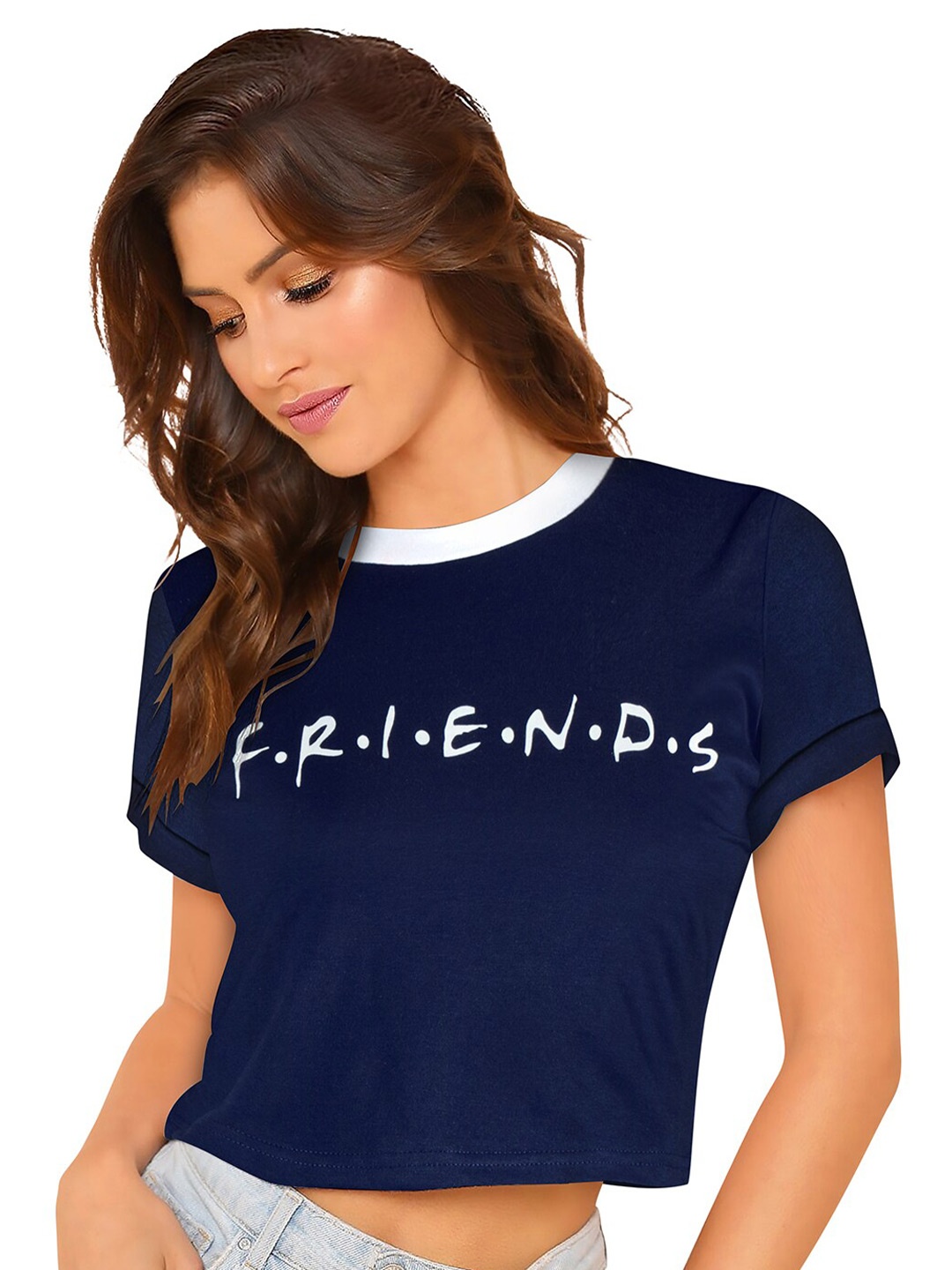 

BAESD Typography Printed Round Neck Crop Top, Blue