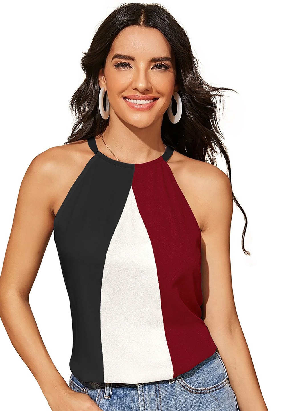 

BAESD Colourblocked Halter Neck A-LIne Top, Maroon