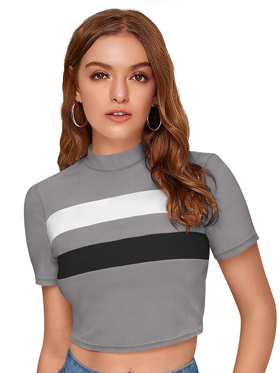 

BAESD Horizontal Striped Fitted Crop Top, Grey
