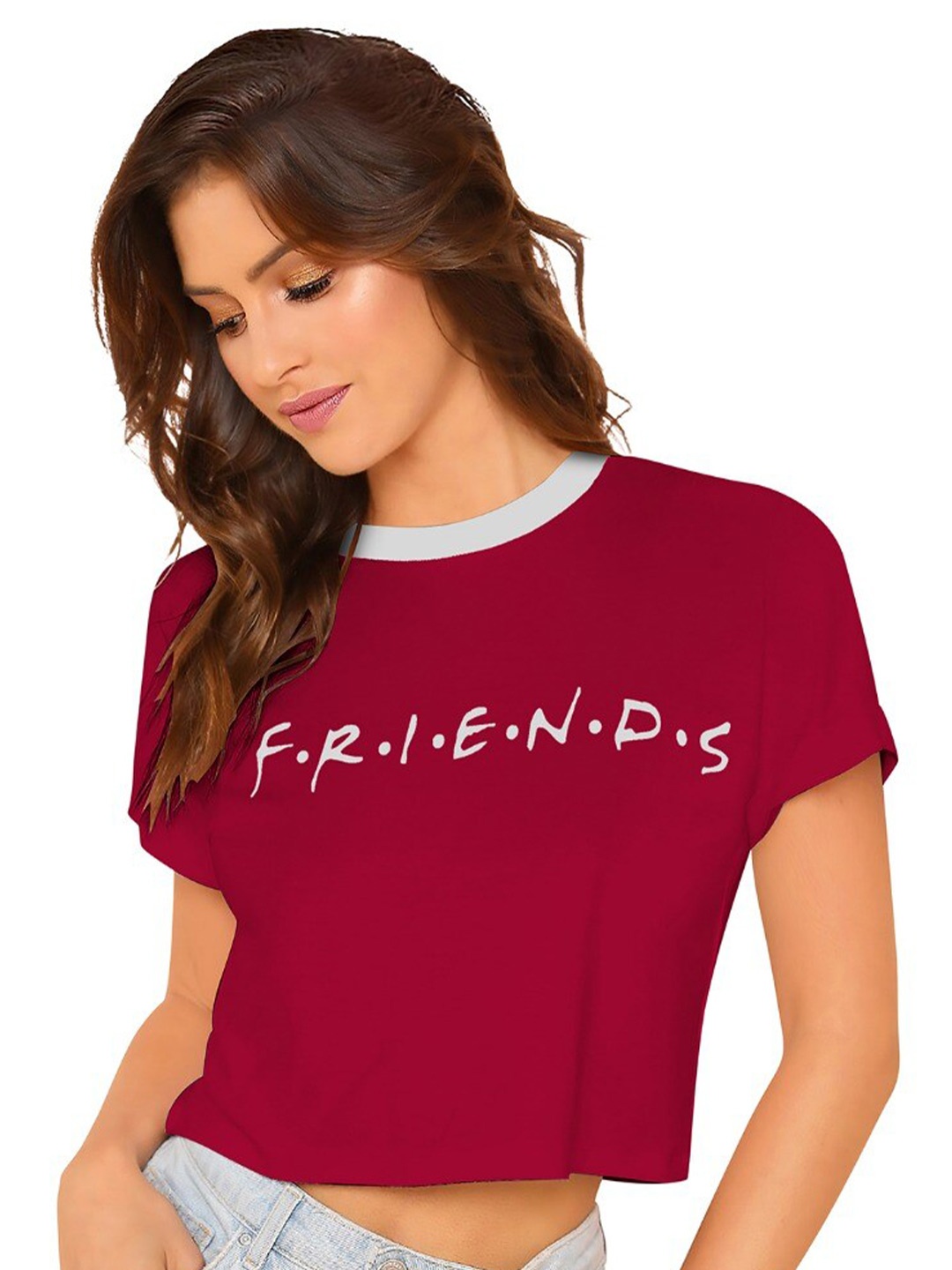 

BAESD Typography Printed Boxy Crop Top, Maroon