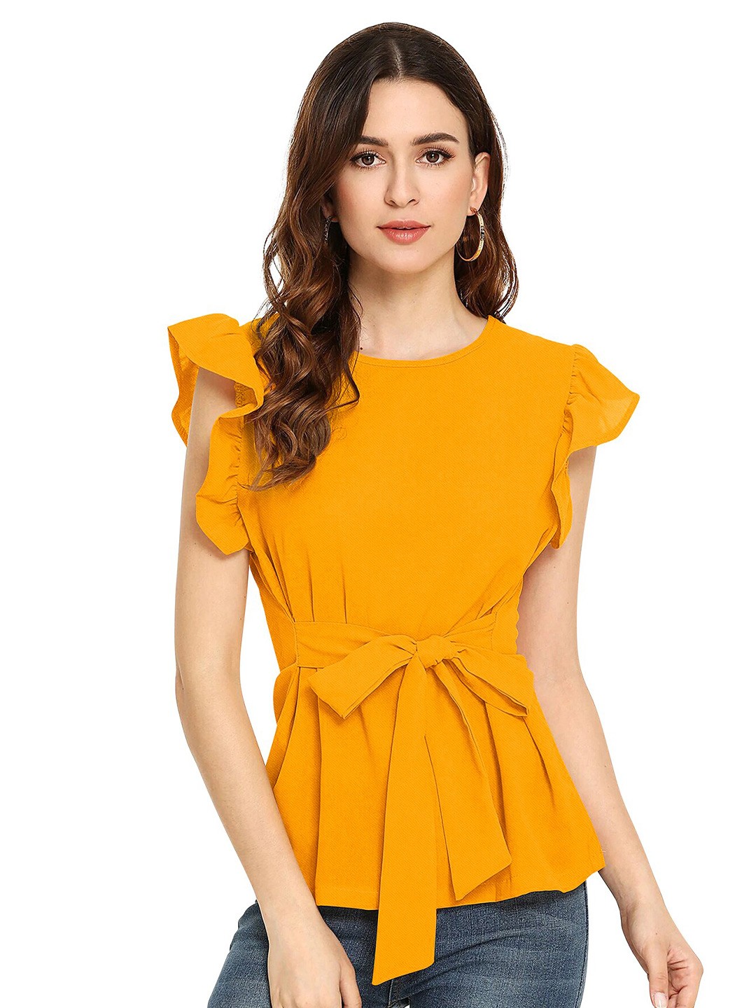 

BAESD Flutter Sleeve Top With Waist Tie-Ups, Yellow