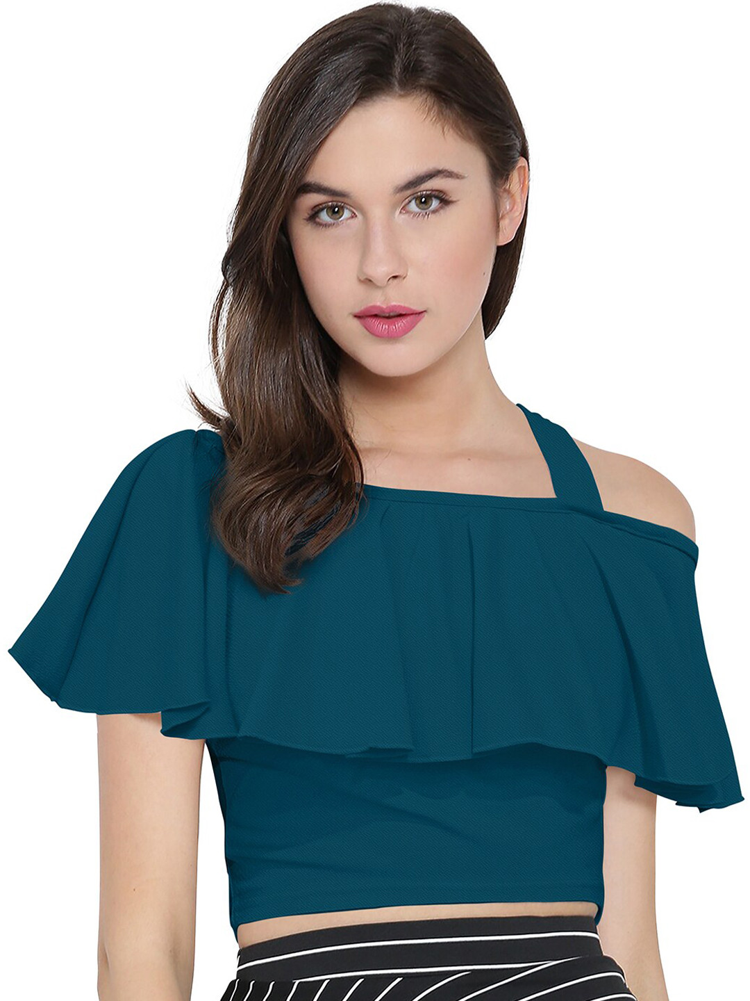 

BAESD Cape Sleeve Bardot Crop Top, Blue