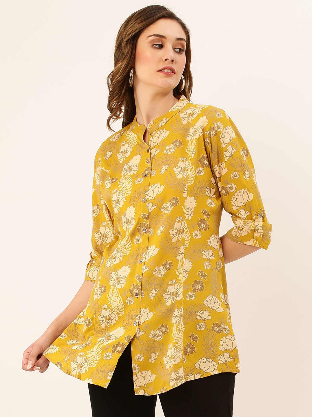 

ZOLA Yellow & Brown Mandarin Collar Floral Printed Tunic