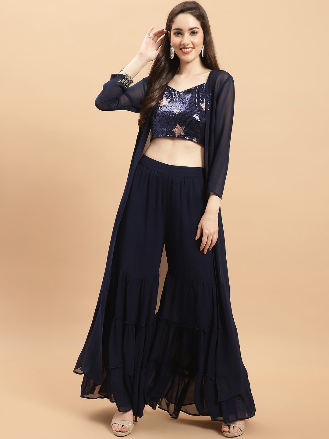 

WESTCLO Embellished V-Neck Top with Palazzos & Shrug, Navy blue