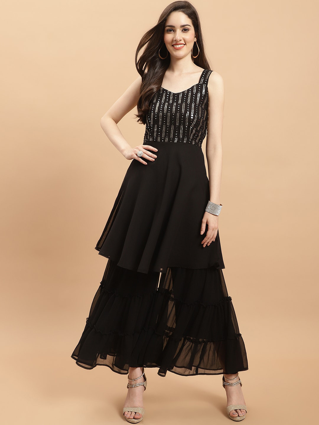 

WESTCLO Striped Embellished Regular Kurti with Sharara & Dupatta, Black