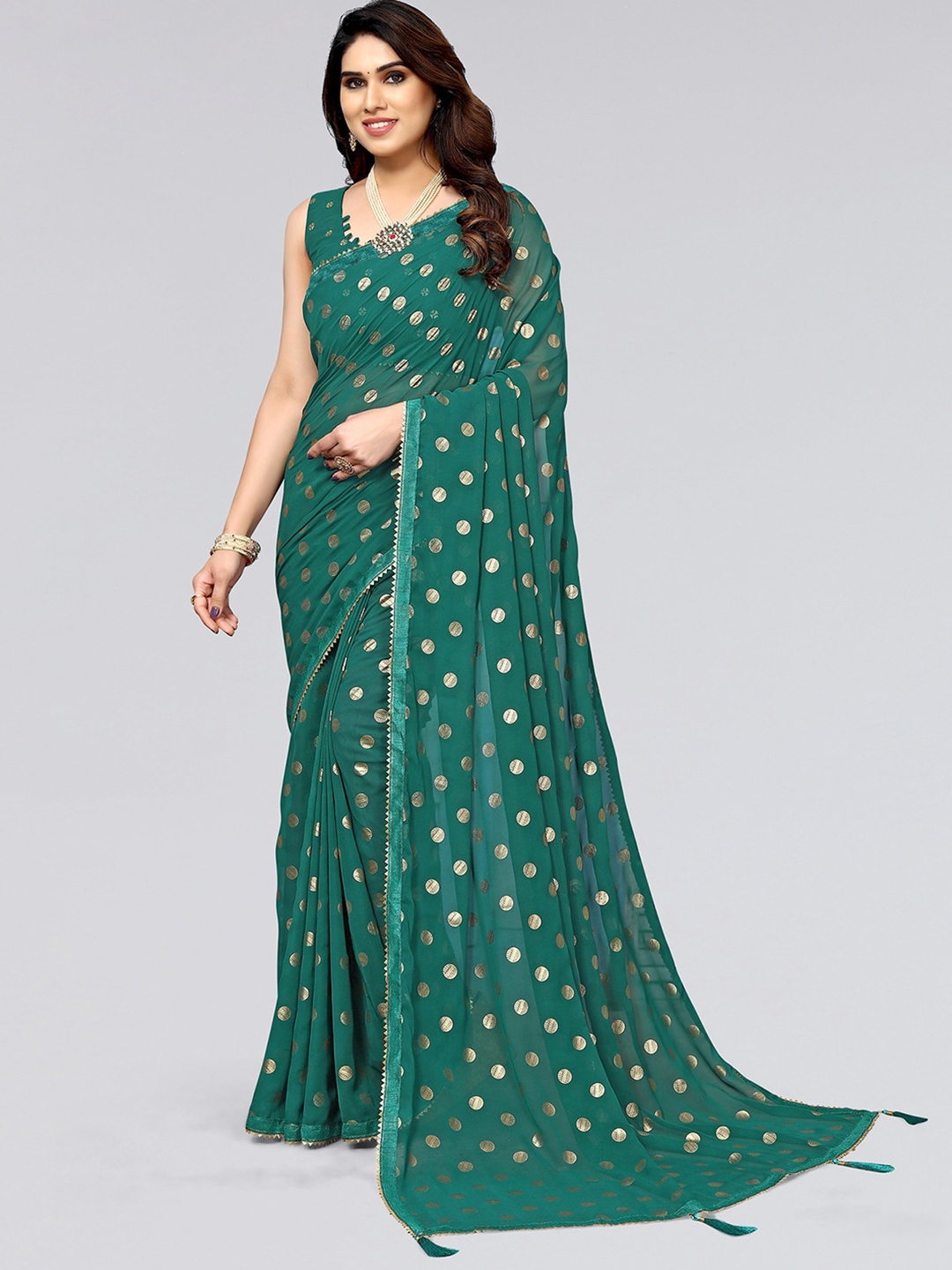 

SIRIL Polka Dot Woven Design Gotta Patti Poly Georgette Saree, Green