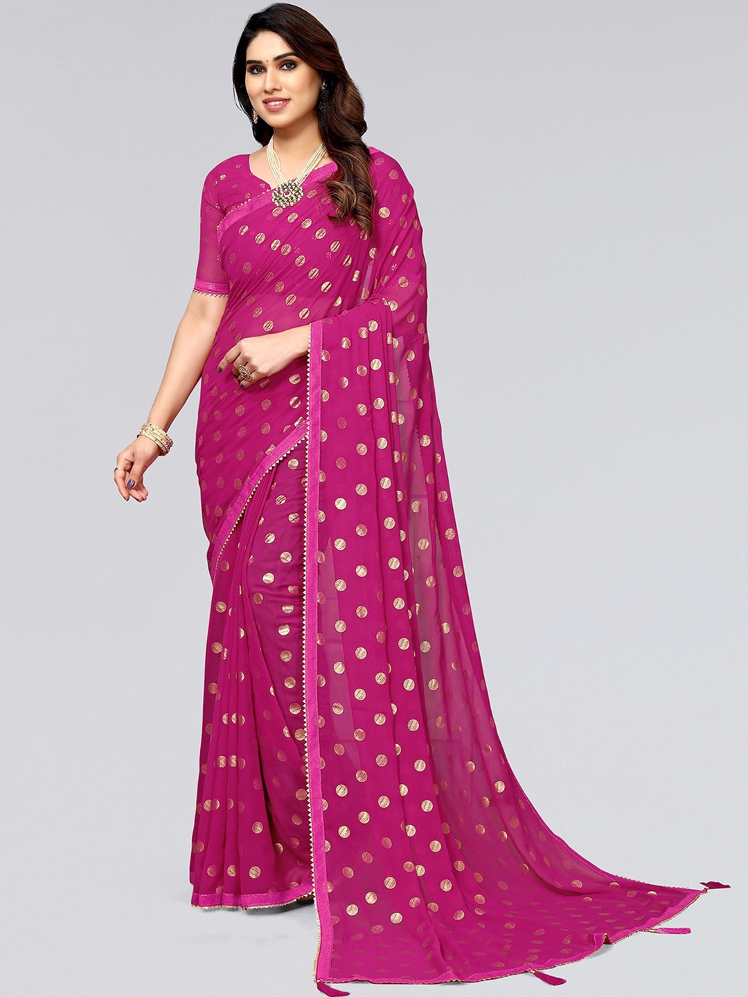 

SIRIL Polka Dot Woven Design Gotta Patti Poly Georgette Saree, Pink