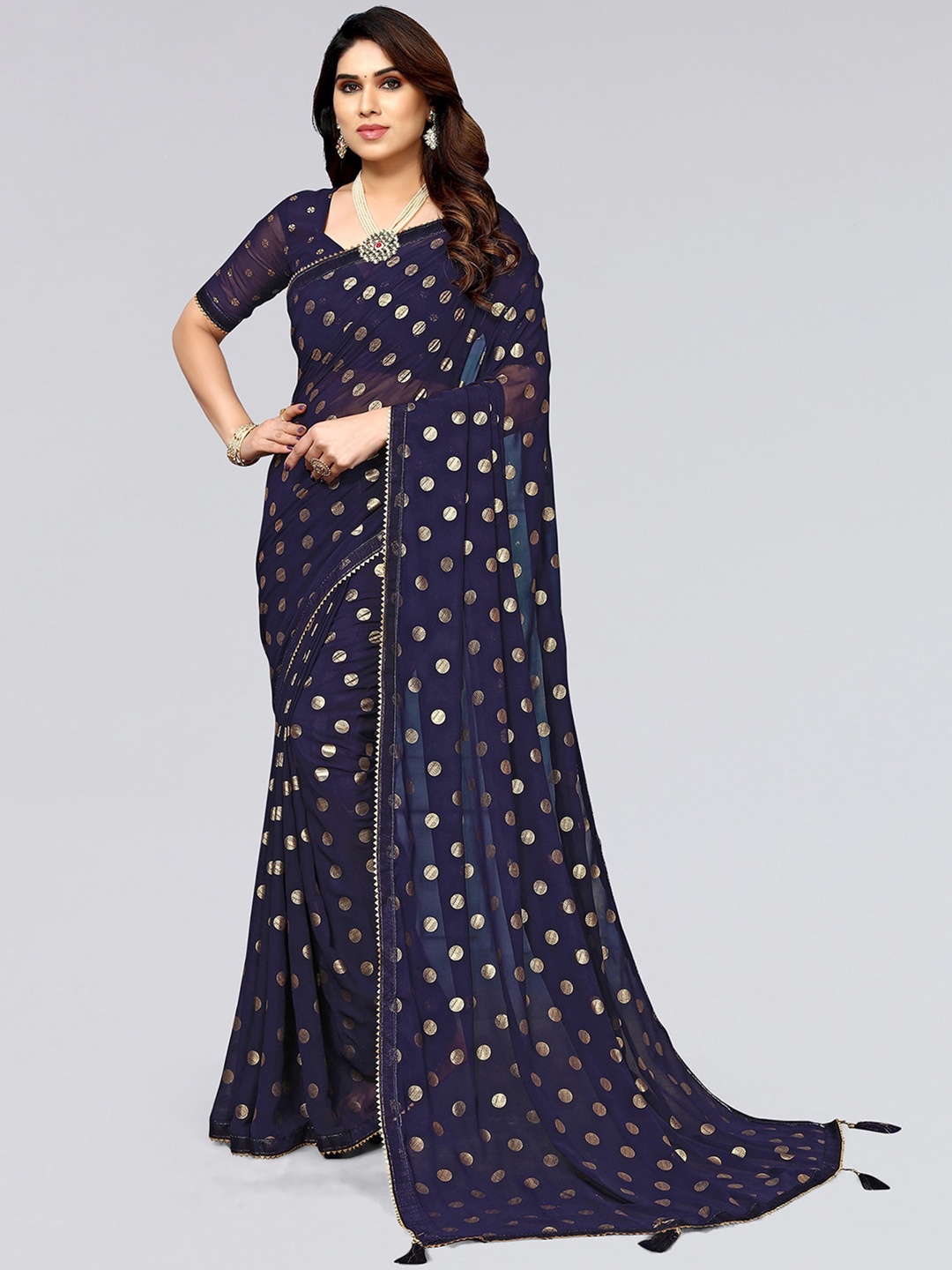 

SIRIL Polka Dot Woven Design Gotta Patti Poly Georgette Saree, Navy blue
