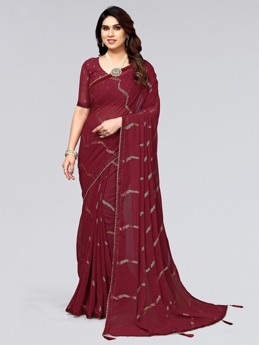 

SIRIL Striped Woven Design Gotta Patti Poly Georgette Saree, Maroon