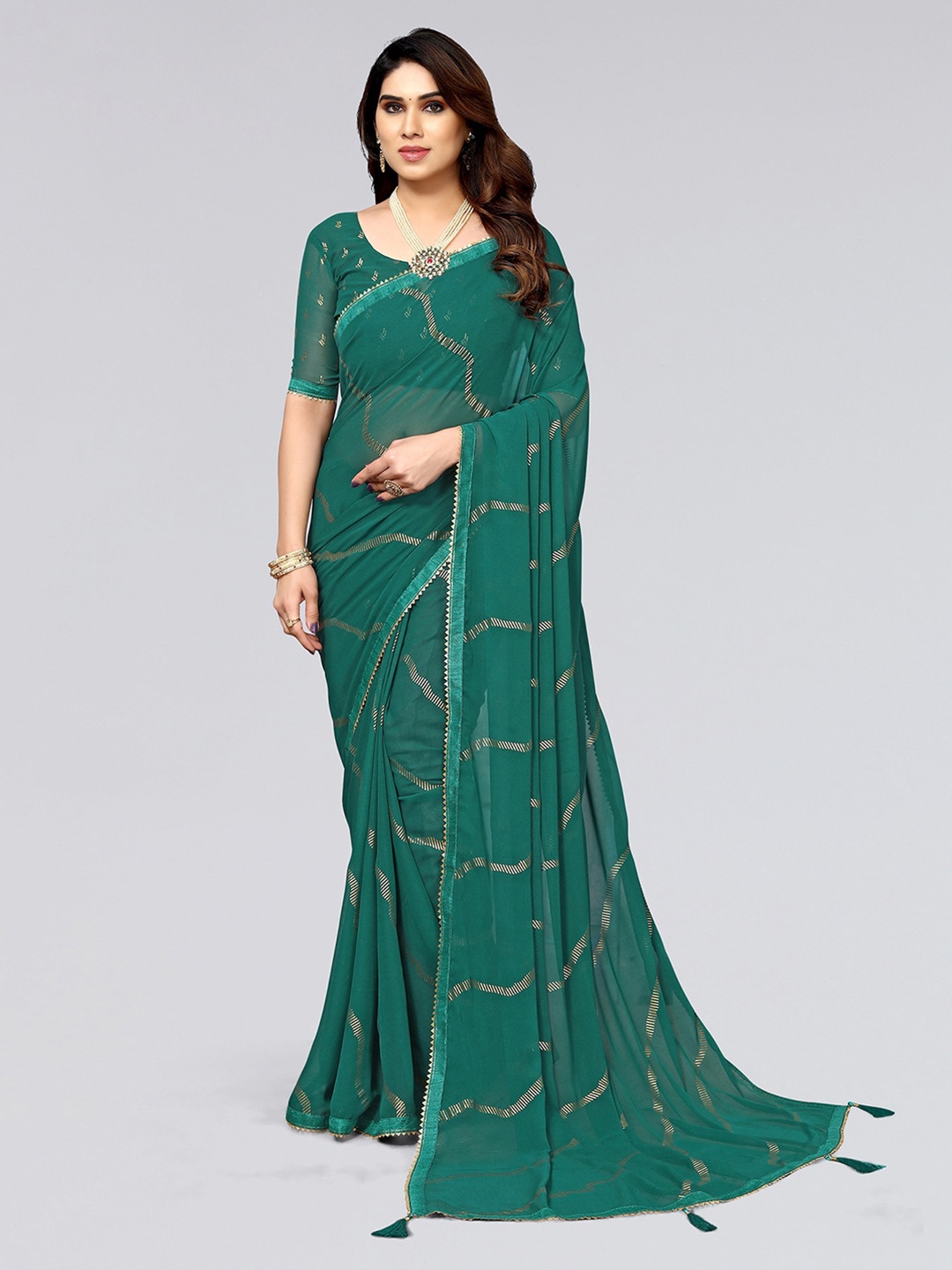 

SIRIL Striped Woven Design Gotta Patti Poly Georgette Saree, Green