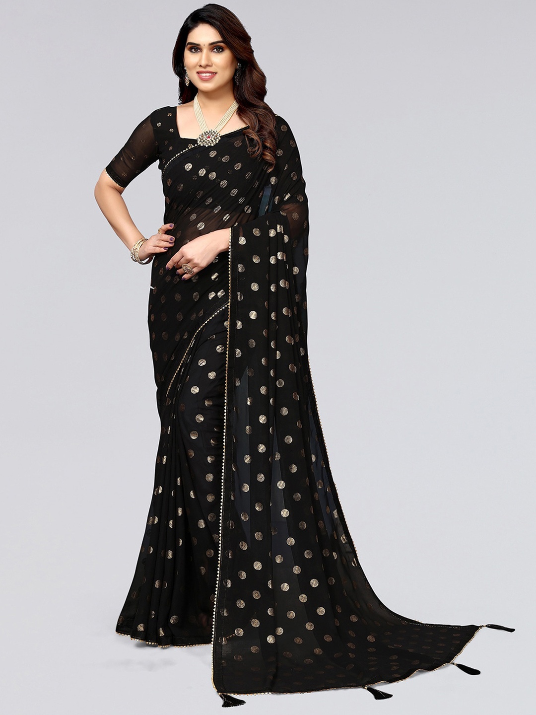 

SIRIL Polka Dot Woven Design Gotta Patti Poly Georgette Saree, Black