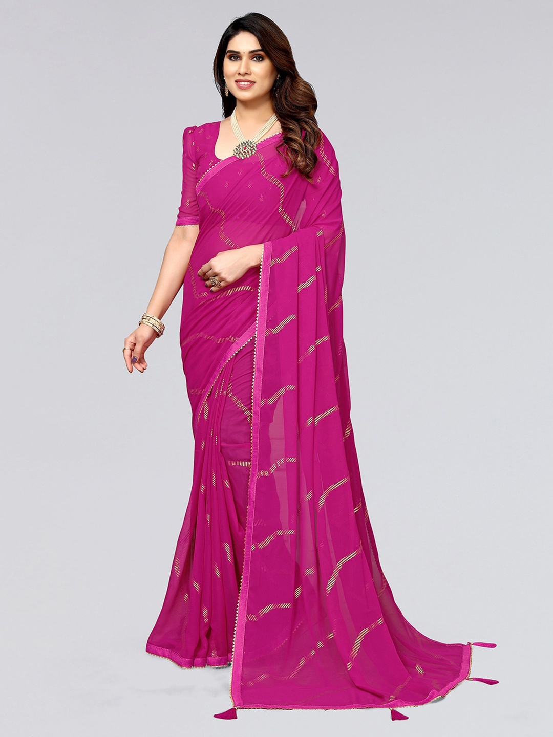 

SIRIL Striped Woven Design Gotta Patti Poly Georgette Saree, Pink