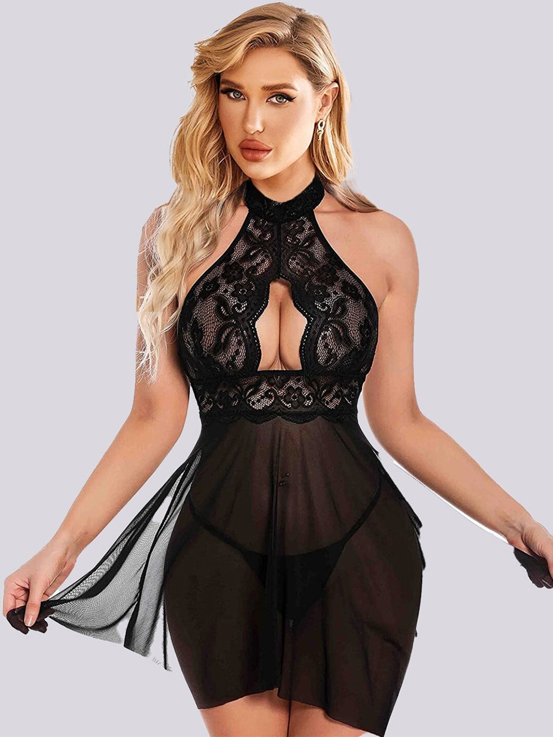 

VAGHBHATT Halter Neck Net Baby Doll, Black