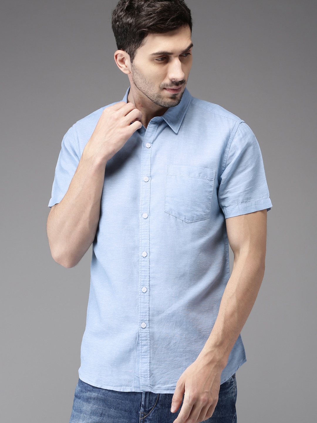 

HERE&NOW Men Cotton Linen Blue Regular Fit Casual Shirt