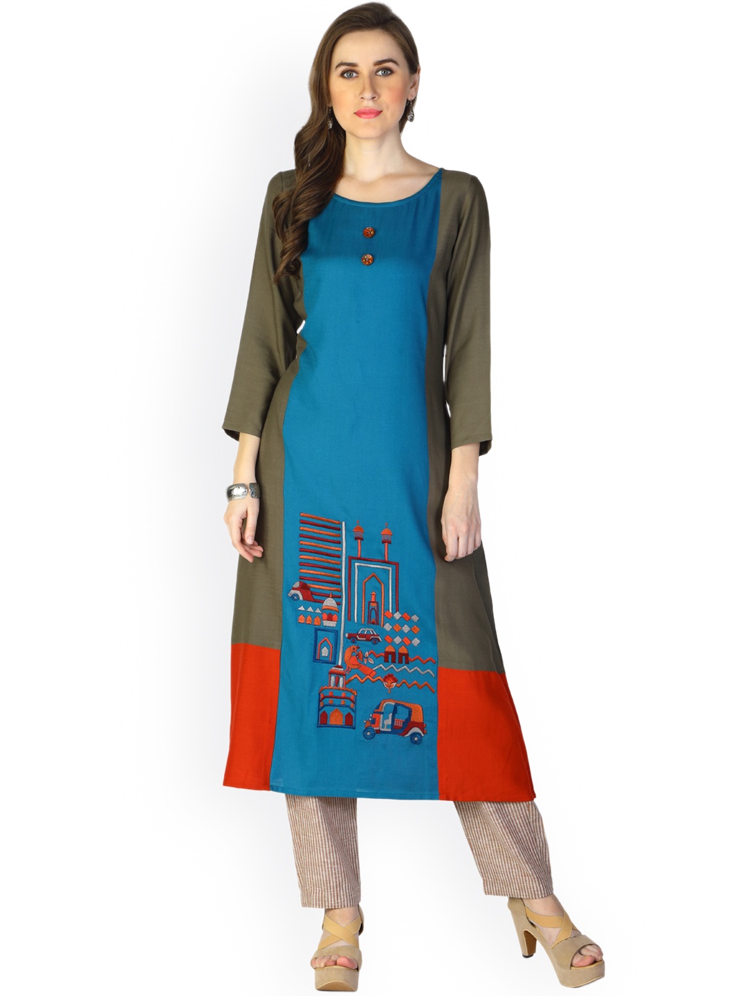 

shiloh Women Blue & Brown Embroidered Straight Kurta