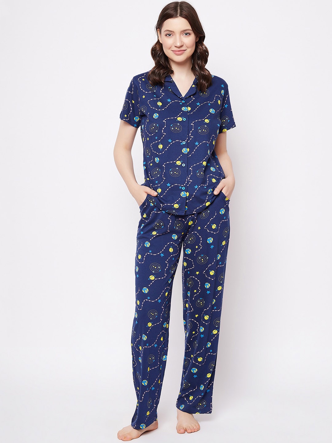 

Clovia Galaxy Printed Pure Cotton Night suit, Blue