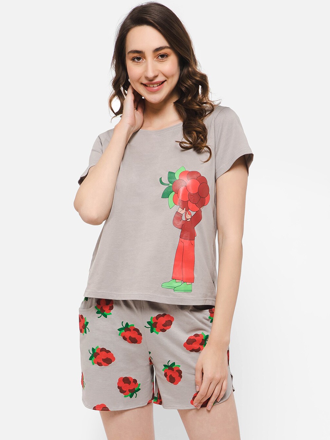 

Clovia Grey & Red Printed Cotton Night Suit