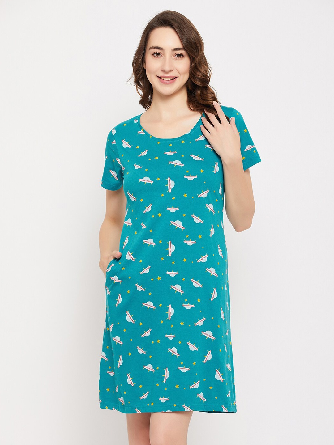 

Clovia Graphic Printed Pure Cotton T-shirt Nightdress, Teal