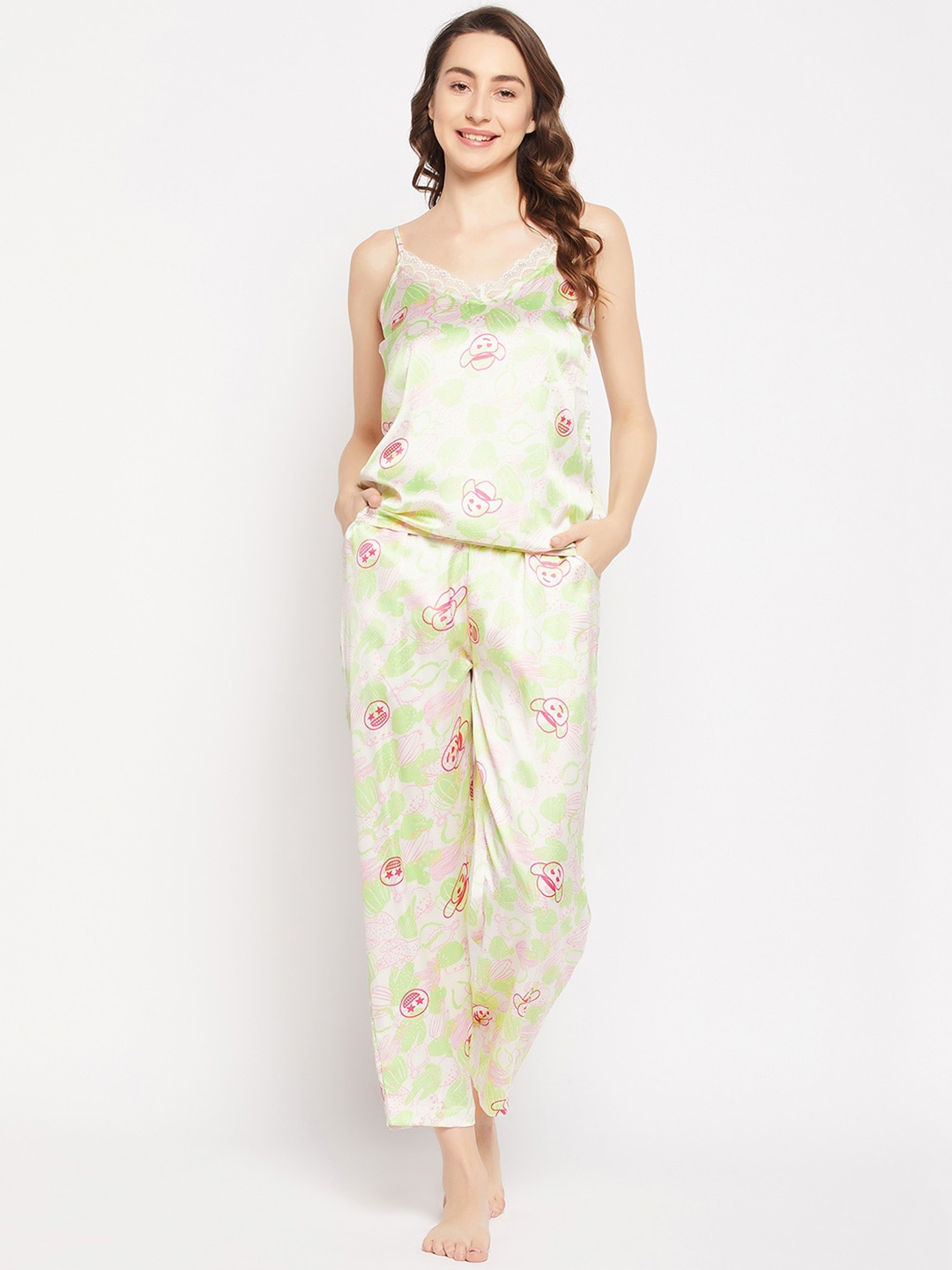 

Clovia White & Green Printed Cotton Night Suit