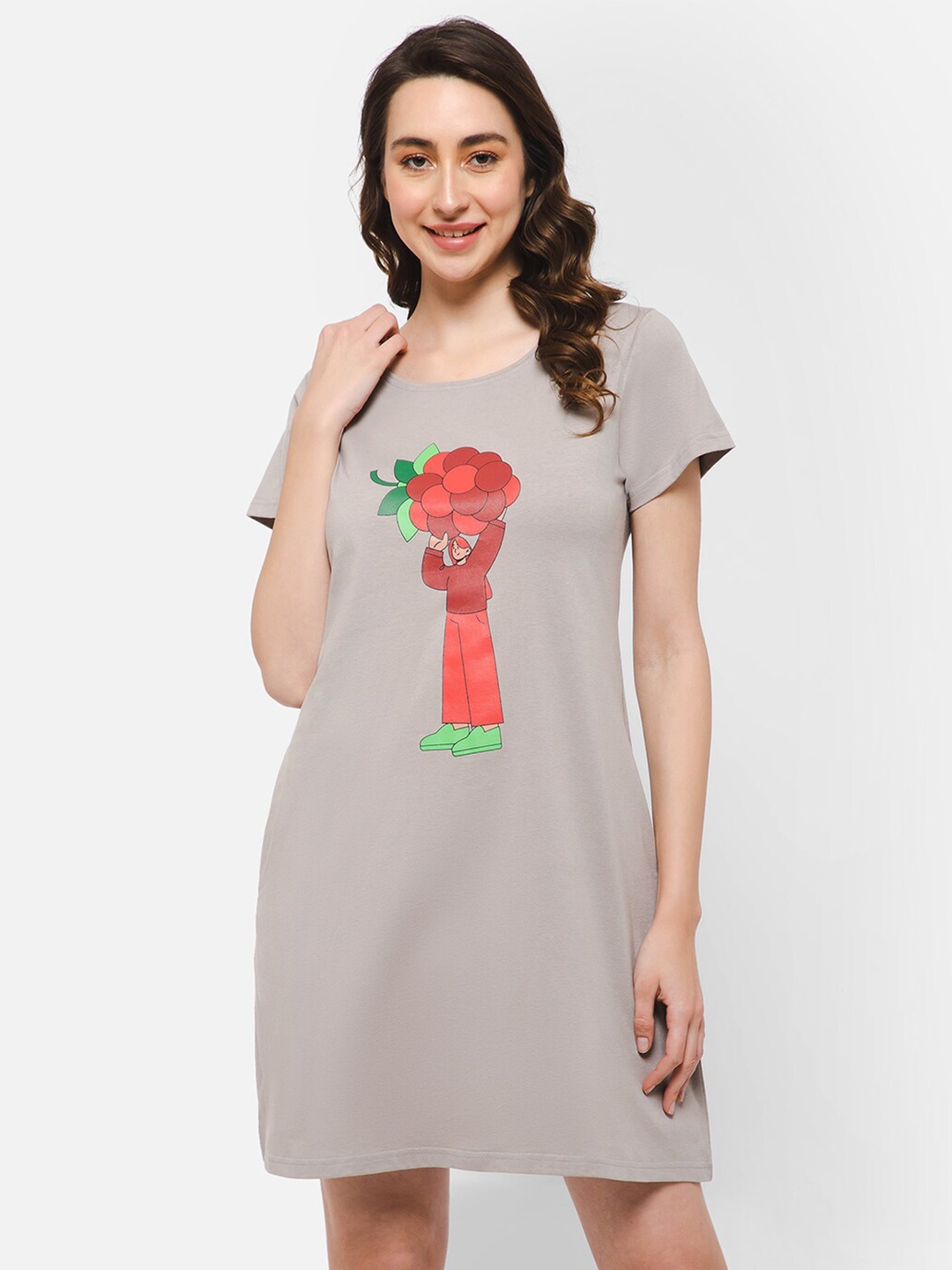 

Clovia Graphic Printed Pure Cotton T-shirt Nightdress, Grey