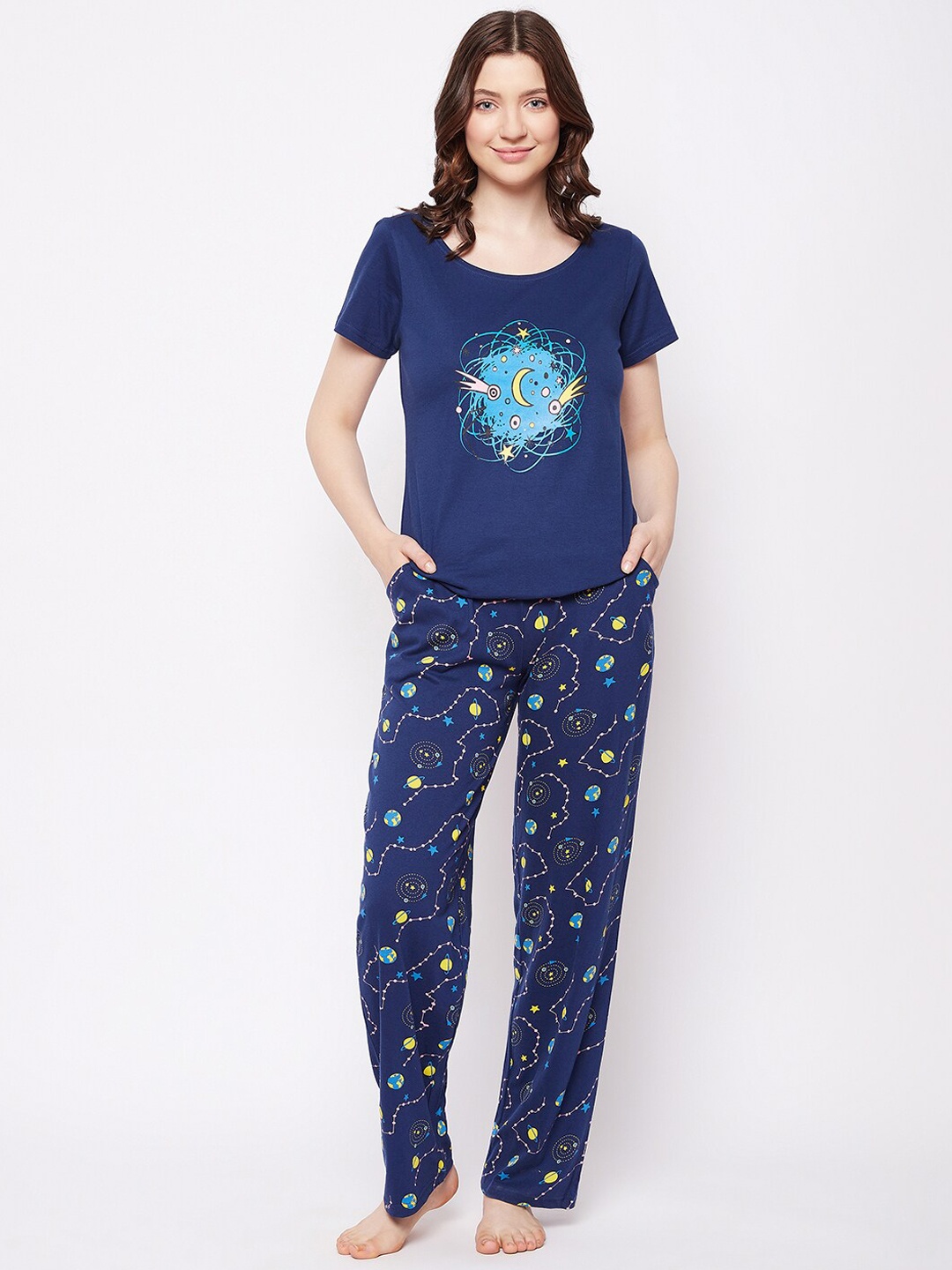 

Clovia Blue & Yellow Galaxy Graphic Print Cotton Night Suit