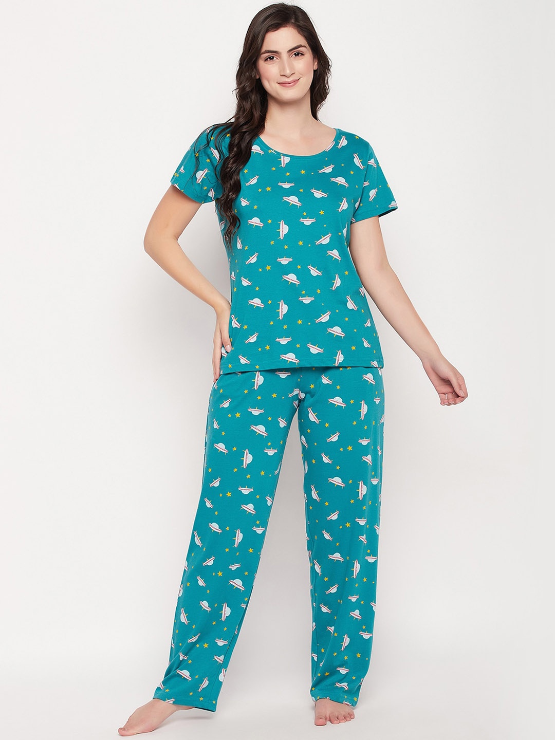 

Clovia Teal & White Spaceship Printed Cotton Night Suit