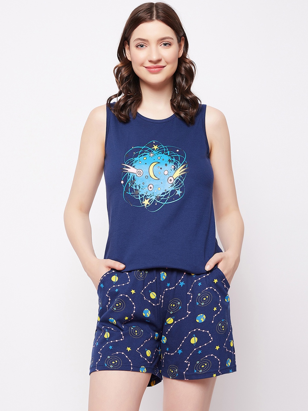 

Clovia Blue & Yellow Printed Printed Cotton Night Suit