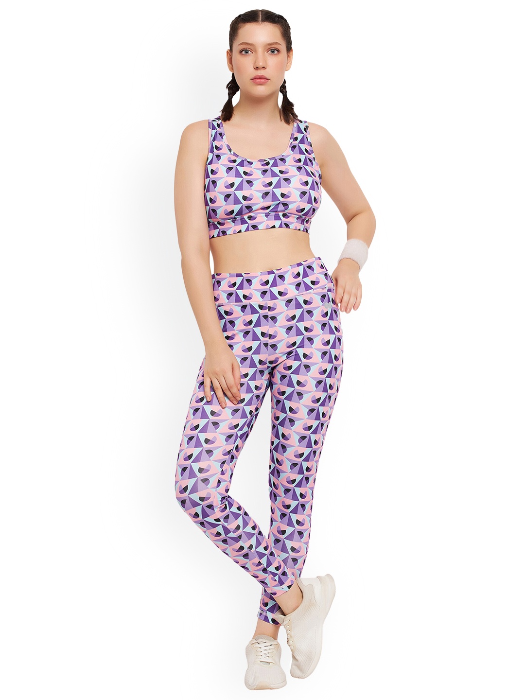 

Clovia Purple Geometric Printed Padded Racerback Sports Bra & High Rise Tights