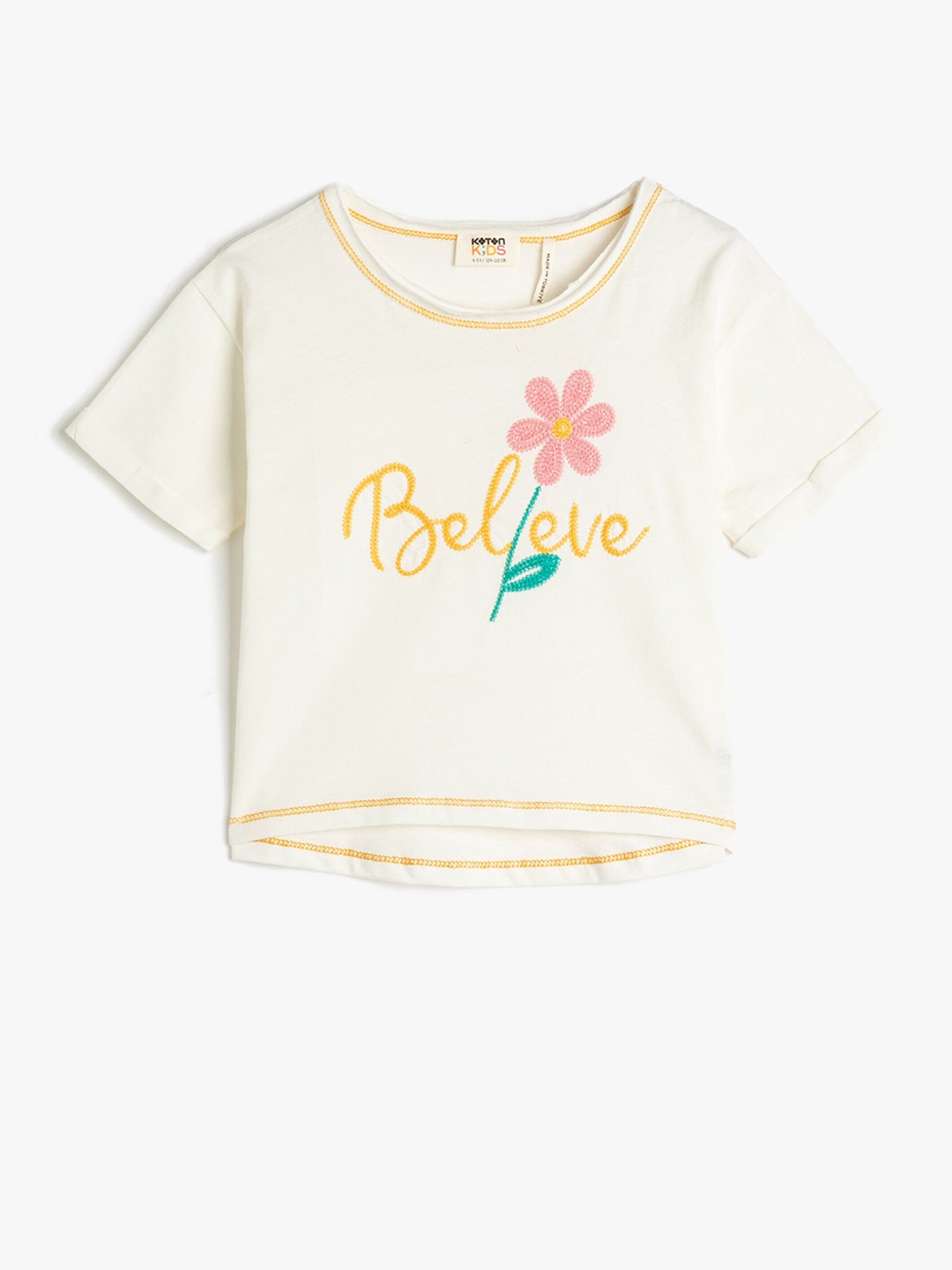 

Koton Girls Typography Printed Pure Cotton T-shirt, Off white