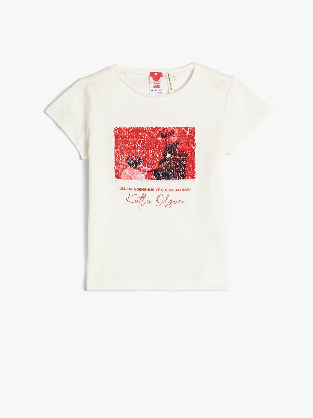

Koton Girls Typography Printed Embellished Pure Cotton T-shirt, Cream