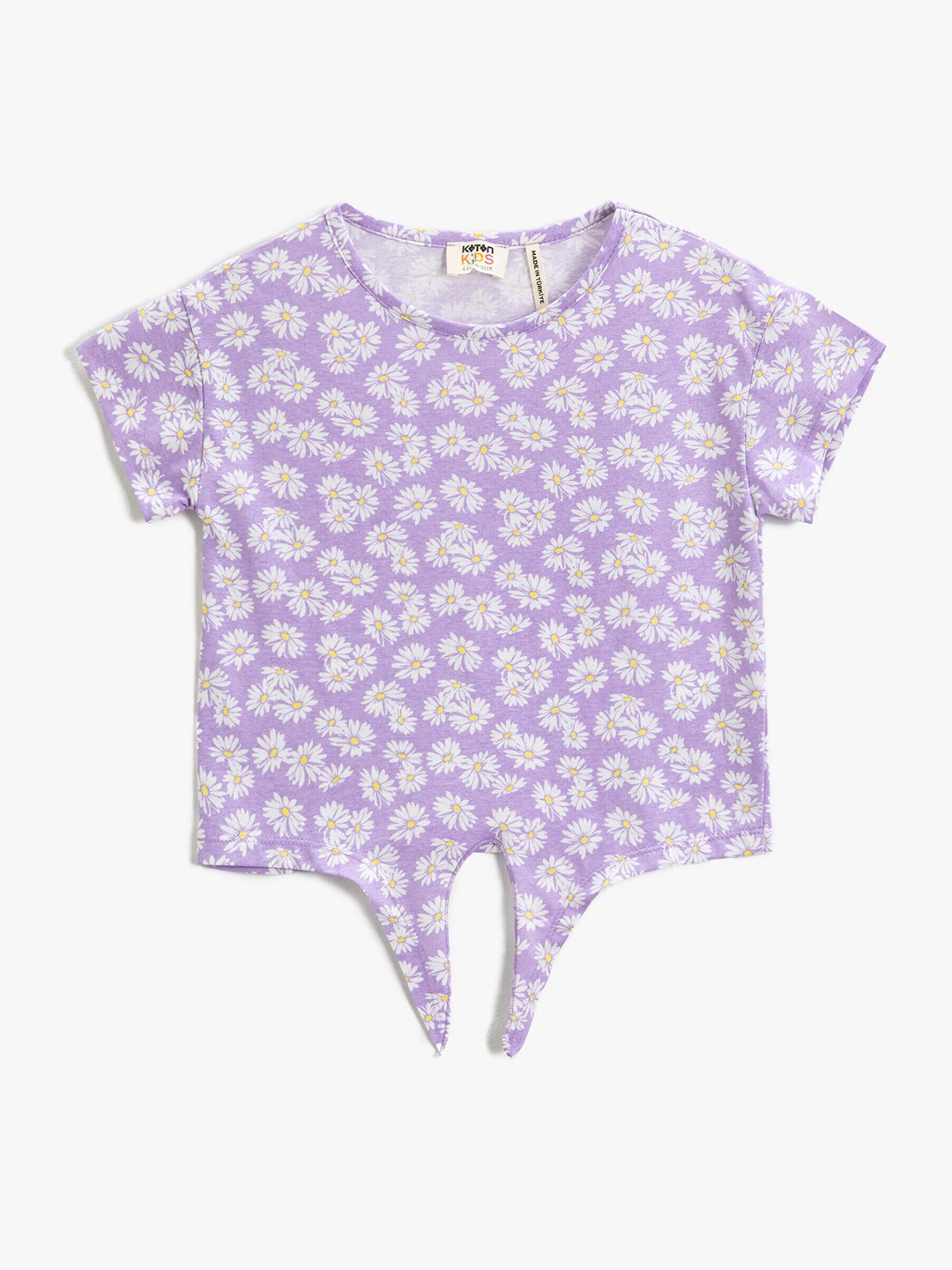 

Koton Girls Floral Printed Raw Edge Pure Cotton Casual T-shirt, Purple