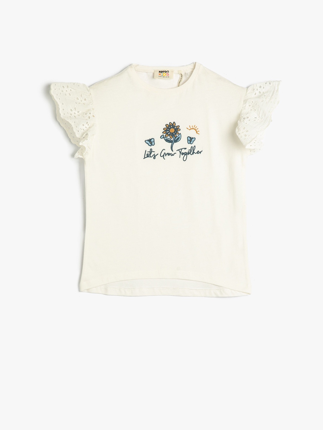 

Koton Girls Typography Printed Round Neck Flutter Sleeve Cotton Casual T-Shirt, White