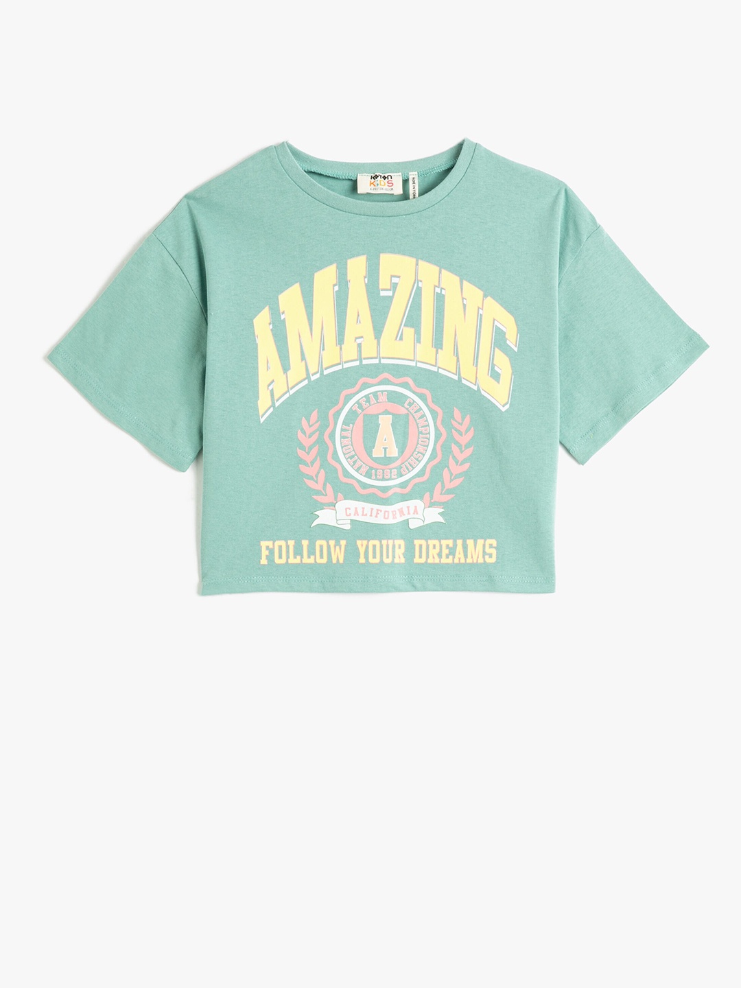 

Koton Girls Typography Printed Oversized Pure Cotton T-shirt, Green