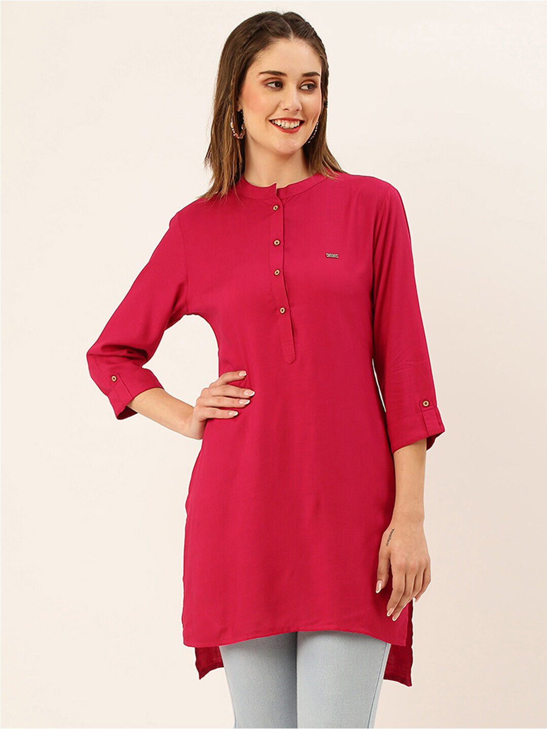 

ZOLA Magenta Mandarin Collar High & Low Hem Tunic