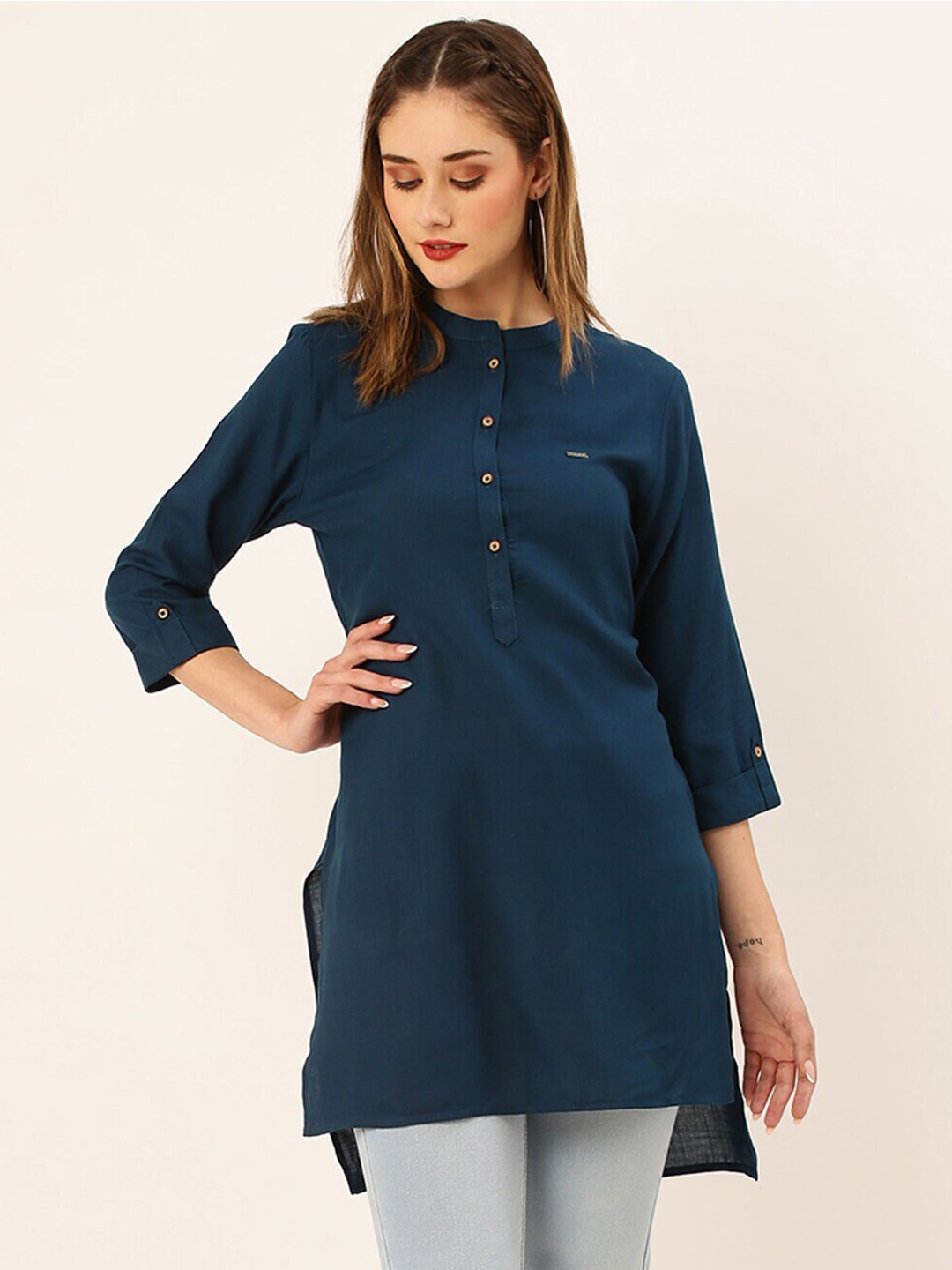 

ZOLA Teal Blue Mandarin Collar High & Low Hem Tunic
