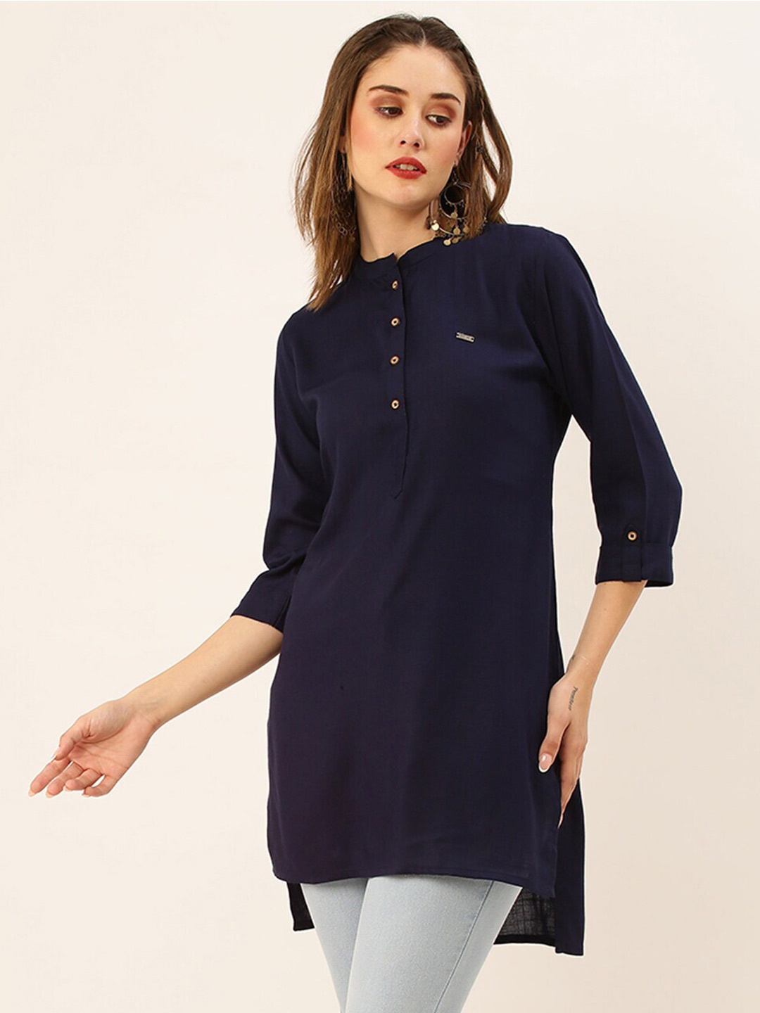

ZOLA Navy Blue Mandarin Collar High & Low Hem Tunic