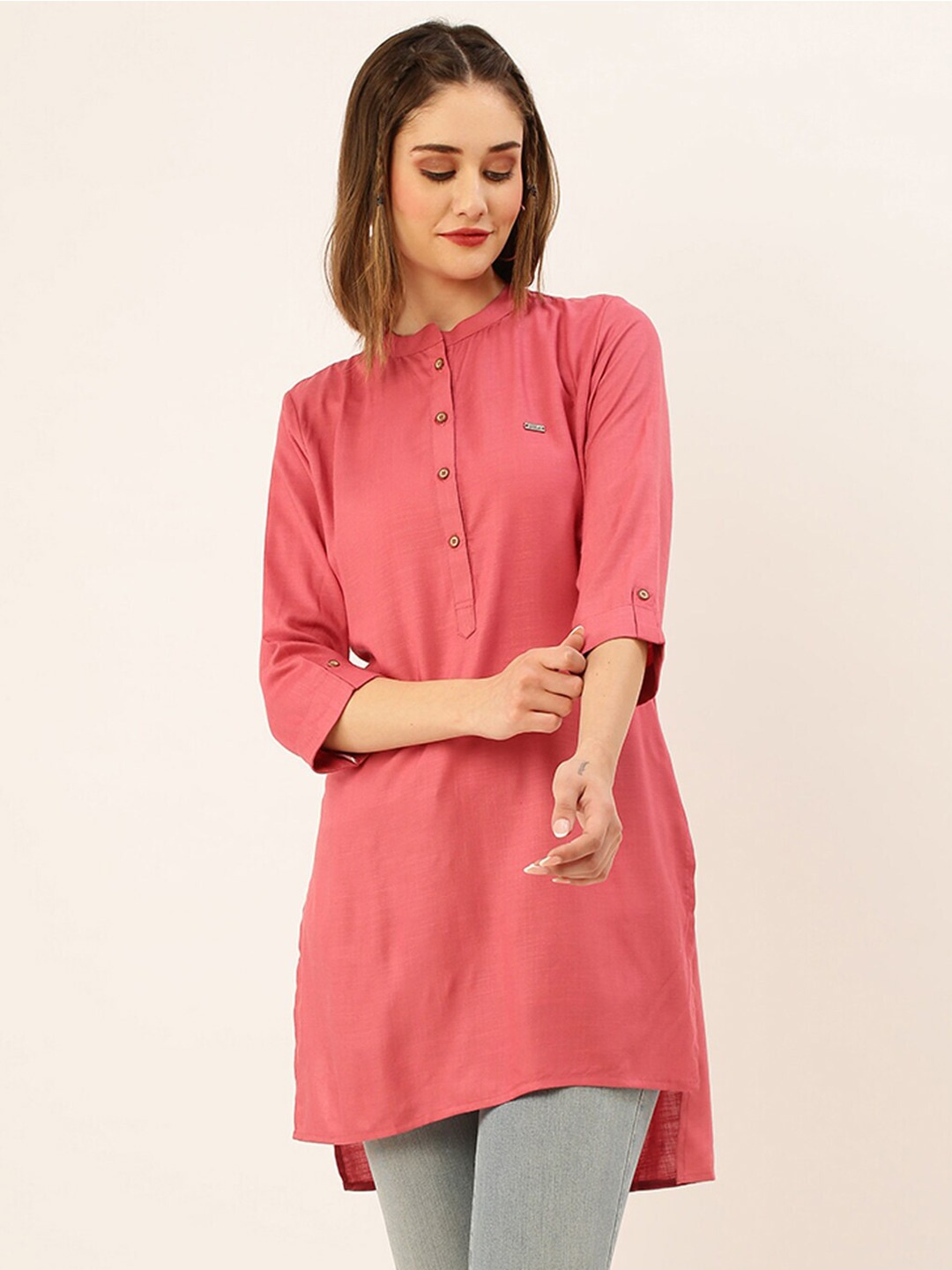 

ZOLA Pink Mandarin Collar High & Low Hem Tunic