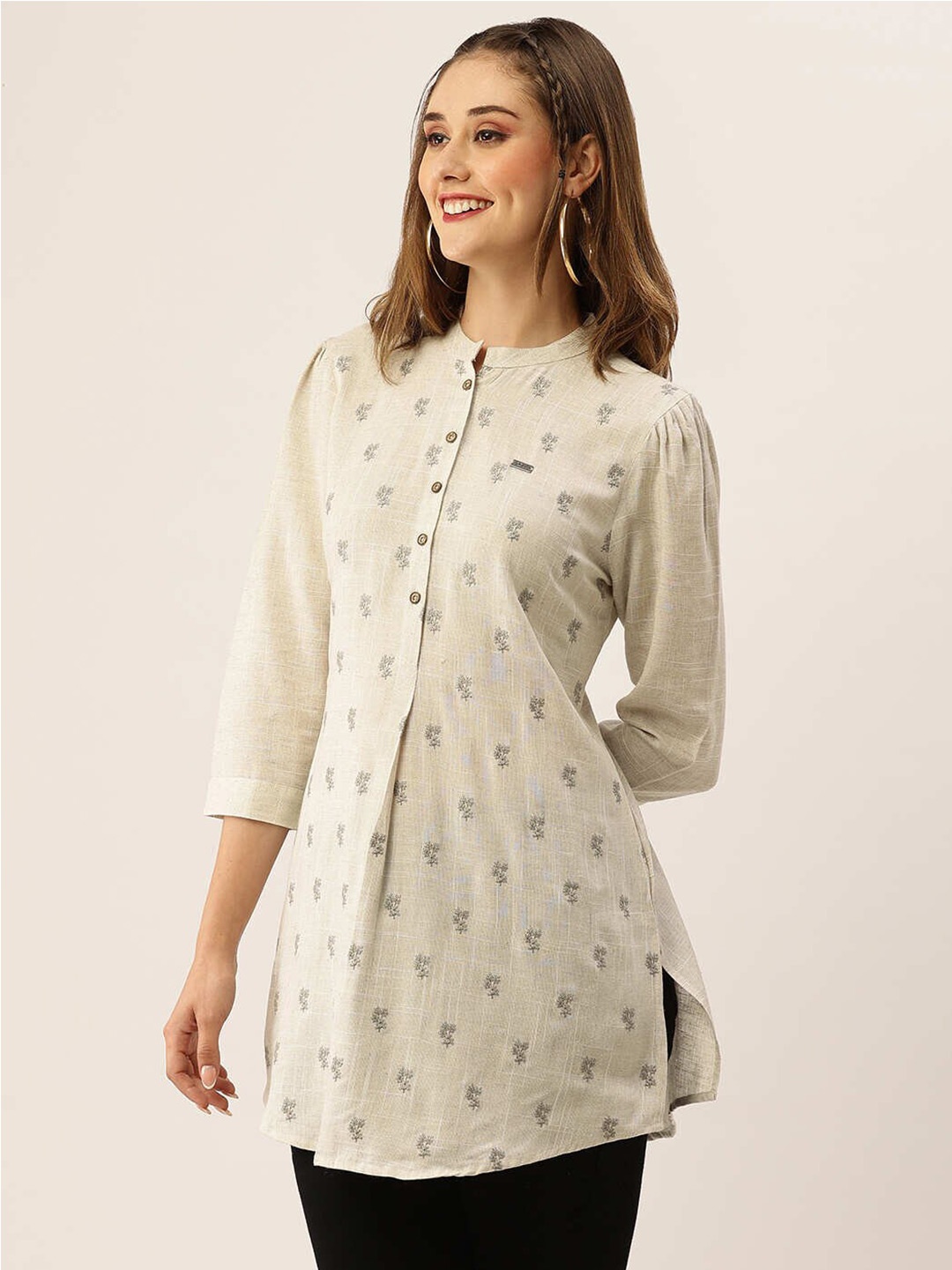 

ZOLA Grey & Cream-Coloured Floral Embroidered Mandarin Collar Puff Sleeves Cotton Tunic
