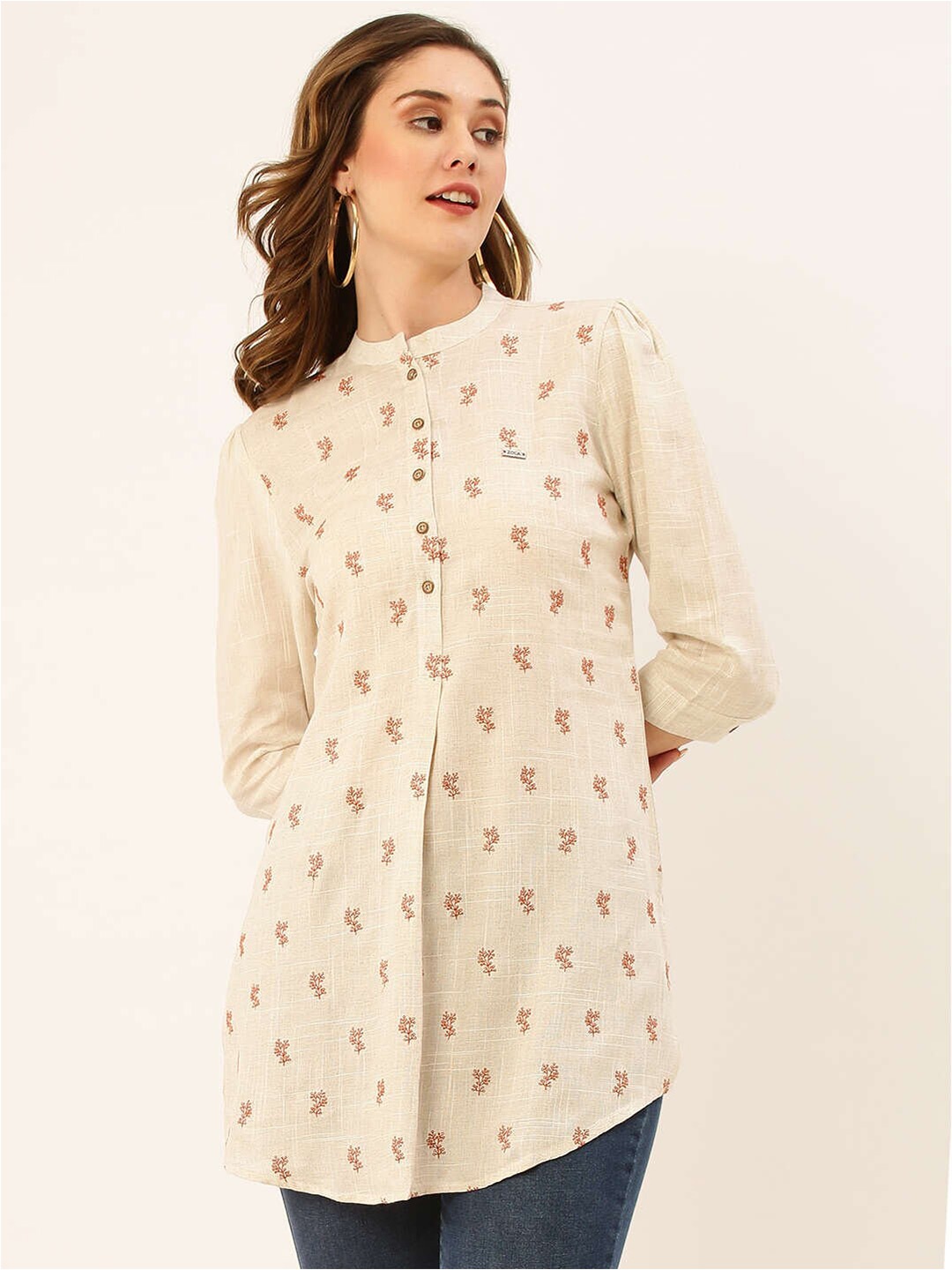 

ZOLA Cream-Coloured & Orange Floral Printed Mandarin Collar Puffed Sleeves Cotton Tunic