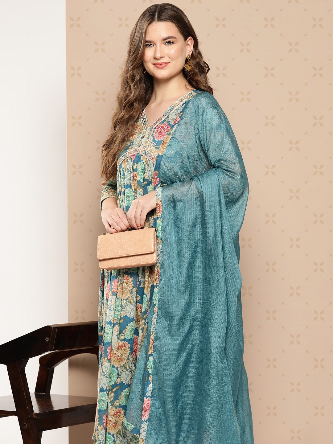 

Yufta Women Floral Printed Pleated Patchwork Pure Cotton Kurta with Trousers & Dupatta, Teal