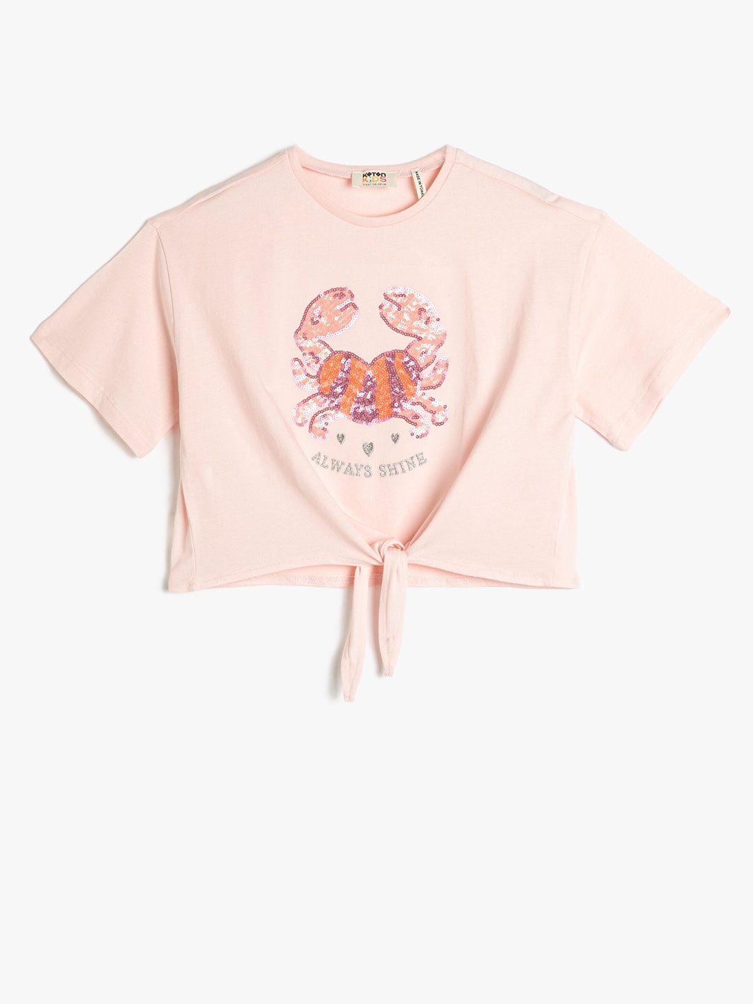 

Koton Girls Graphic Printed Round Neck Tie-Ups Cotton Regular T-shirt, Pink
