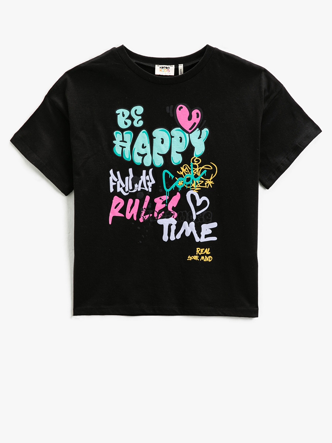 

Koton Girls Typography Printed Pure Cotton T-shirt, Black