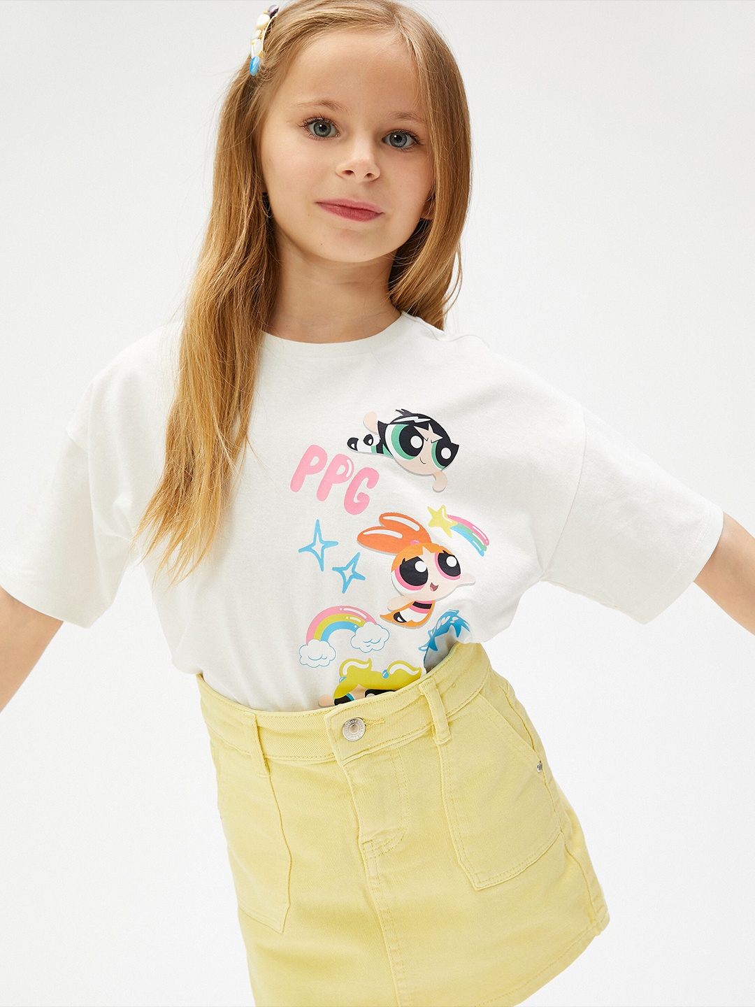 

Koton Girls Humour And Comic Powerpuff Girls Graphic Printed Pure Cotton T-Shirt, Beige