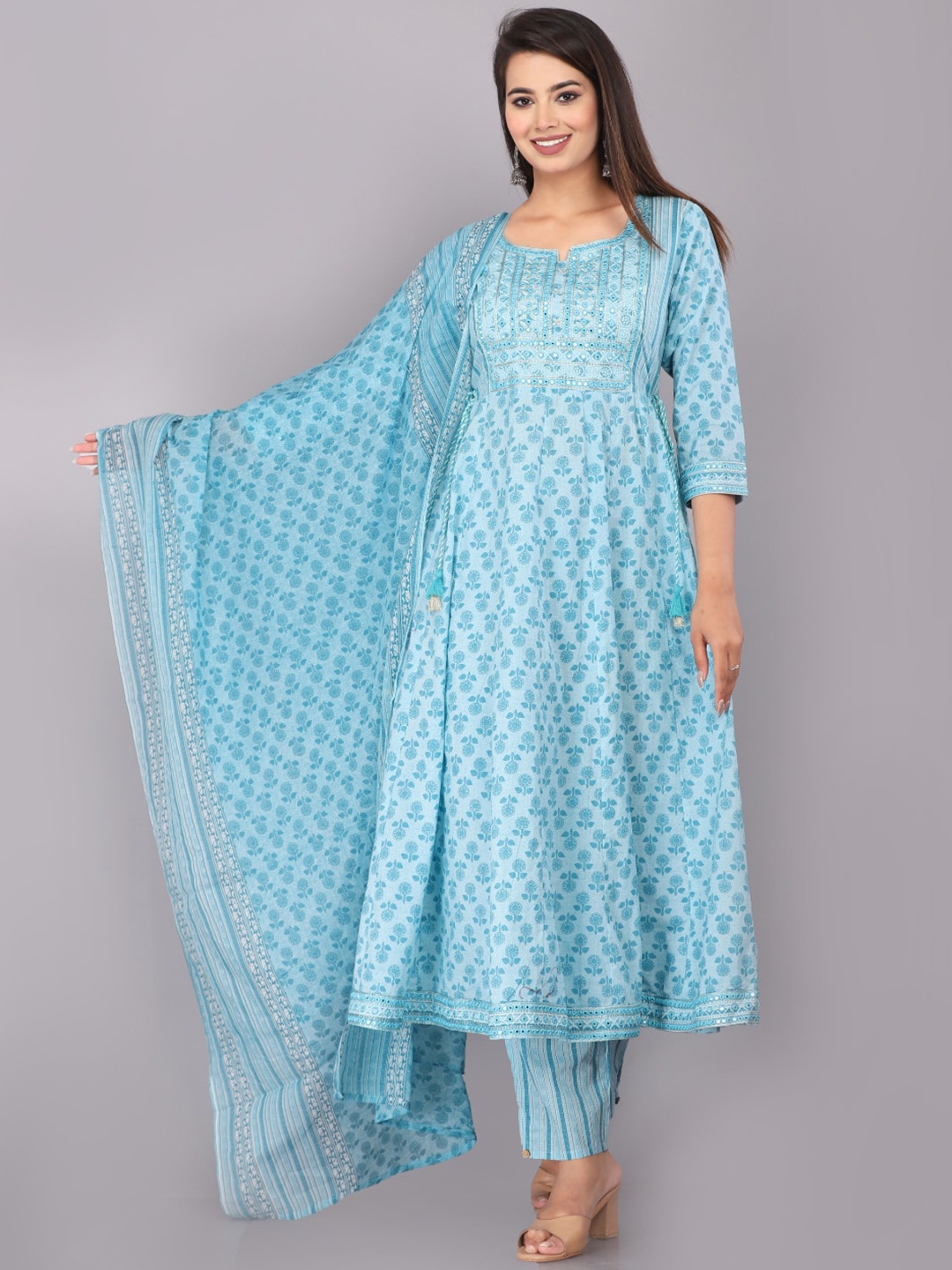 

KALINI Floral Printed Mirror Work Pure Cotton Anarkali Kurta & Trousers With Dupatta, Blue