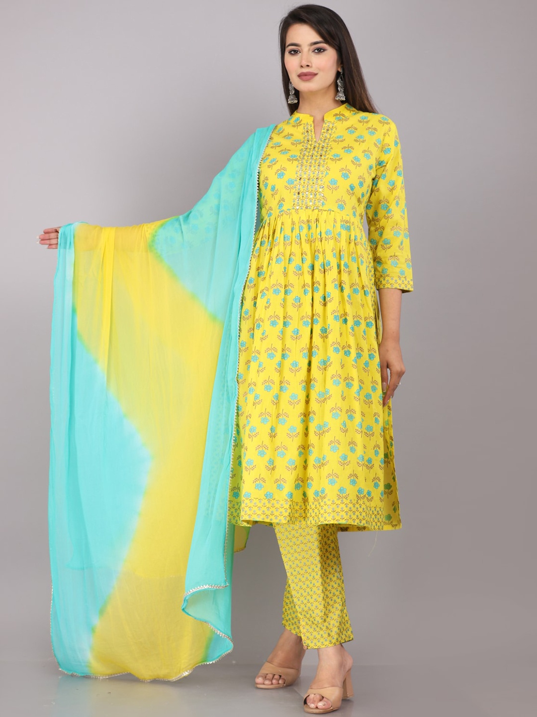 

KALINI Floral Printed Mandarin Collar A-Line Pure Cotton Kurta with Trousers & Dupatta, Mustard