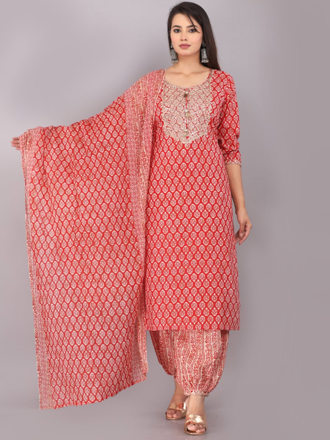 

KALINI Ethnic Motifs Printed Mirror Work Kurta with Patiala & Dupatta, Red