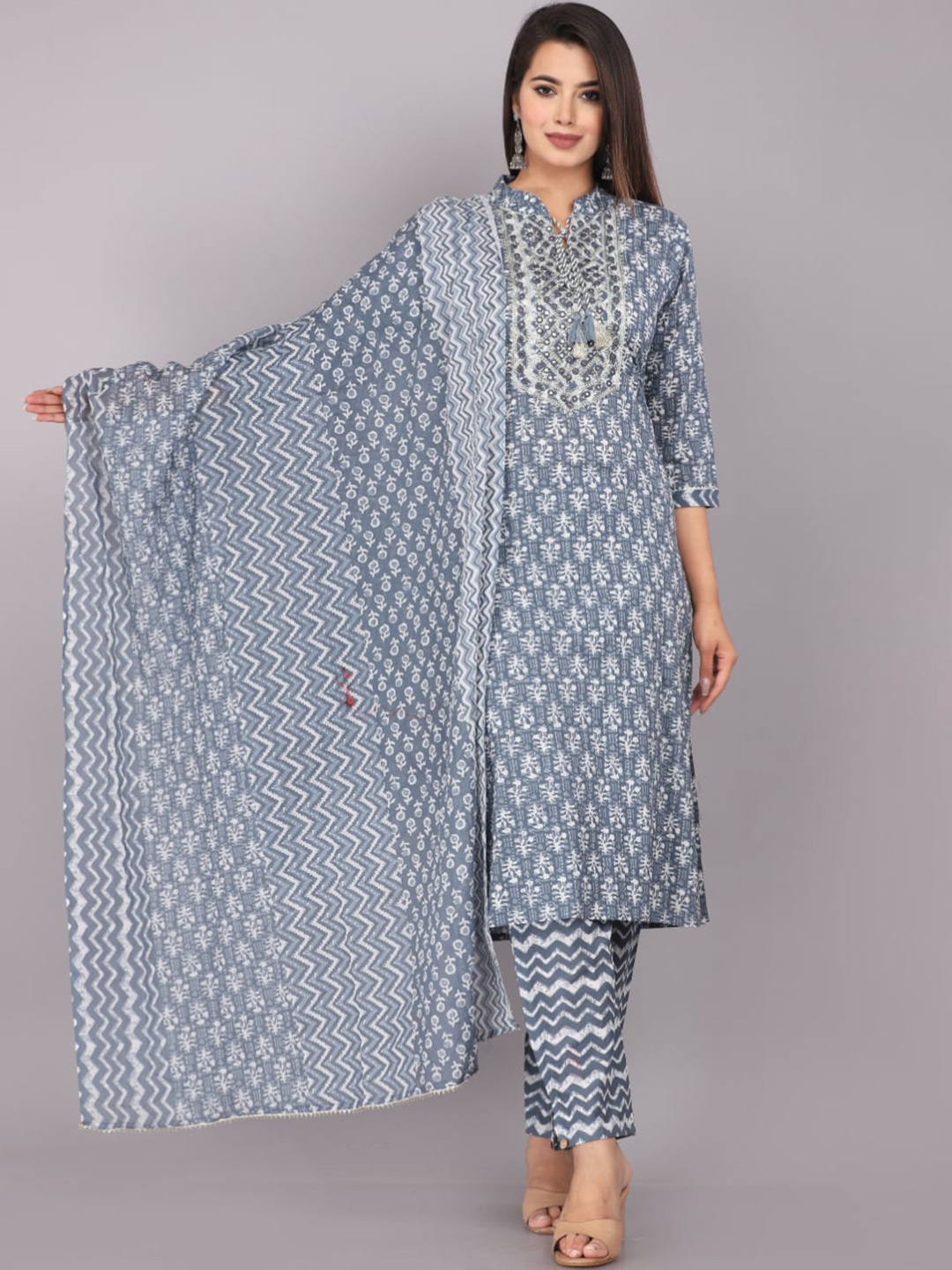 

KALINI Floral Printed Mirror Work Detail Pure Cotton Kurta with Trousers & Dupatta, Grey