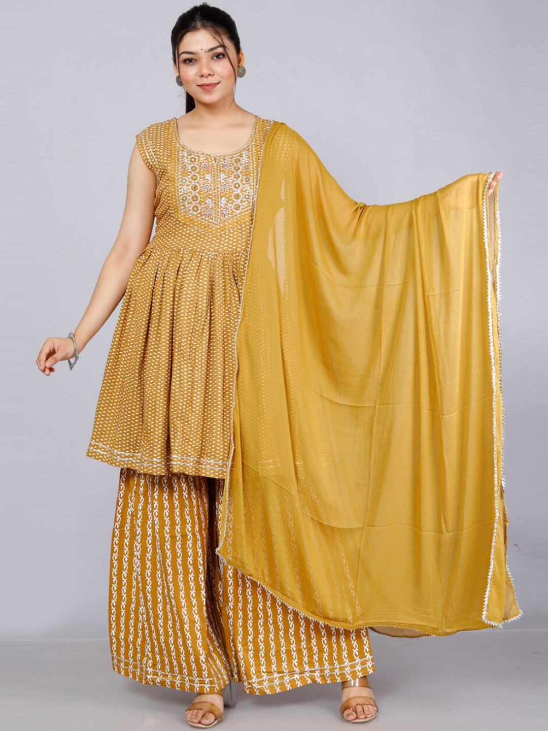 

KALINI Printed Stones an Beads Detail Kurti with Trousers & Dupatta, Yellow