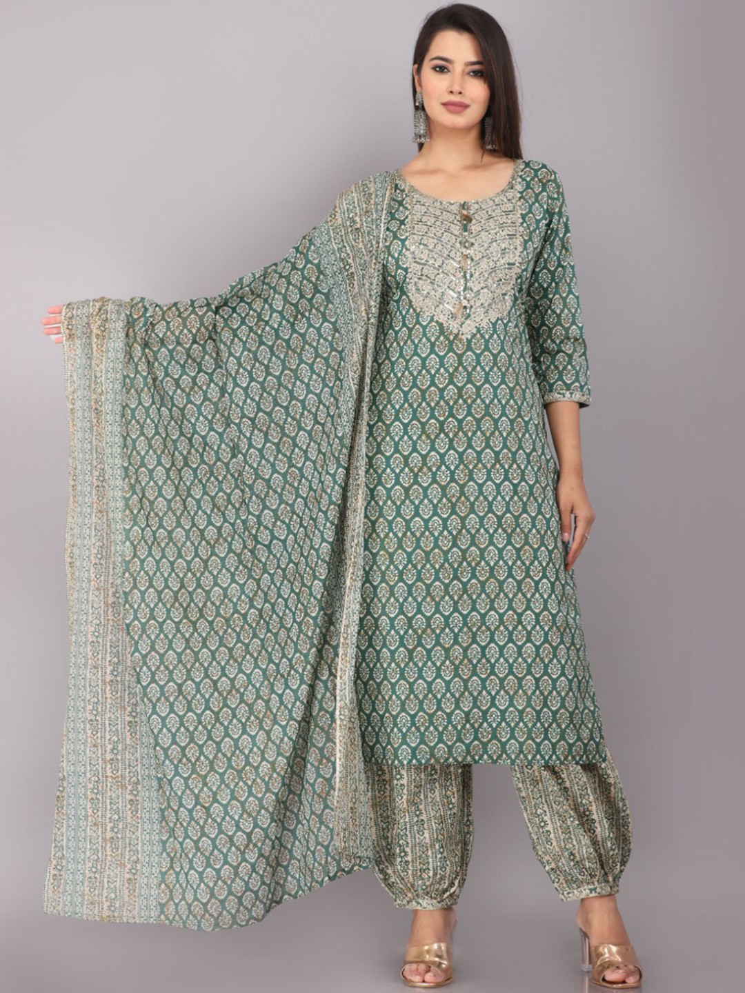 

KALINI Ethnic Motifs Printed Sequinned Detail Sraight Kurta & Patiala With Dupatta, Green