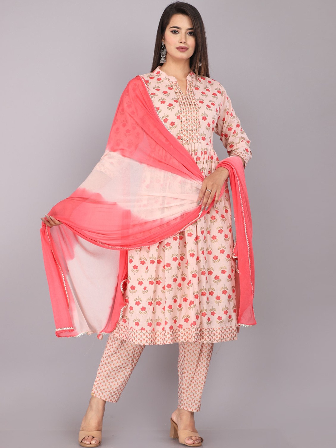 

KALINI Floral Printed Pure Cotton Straight Kurta with Salwar And Dupatta, Peach